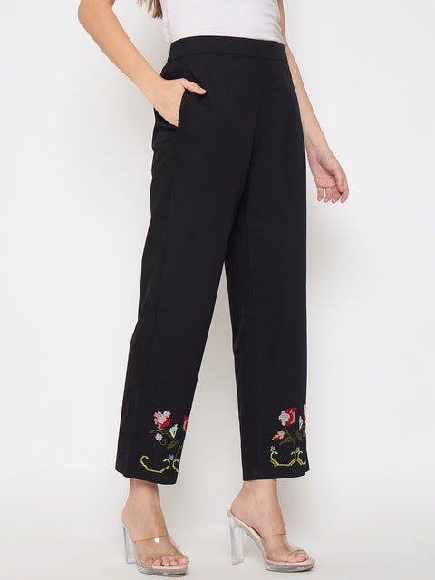 Madame Floral Embroidery Wide Leg Black Cotton Trousers