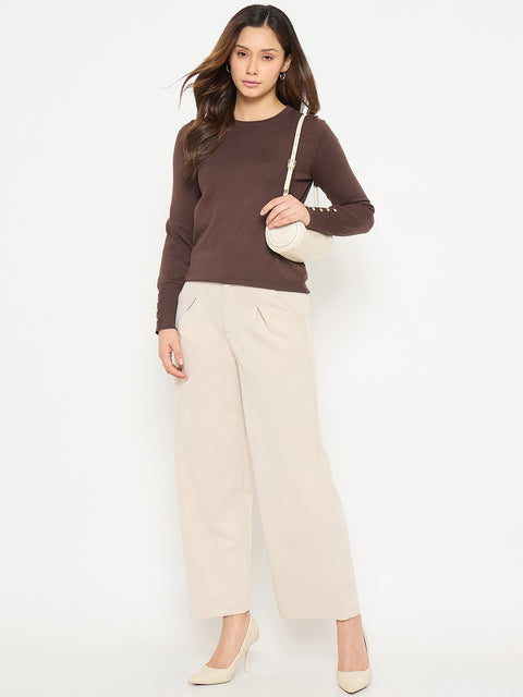 Madame Coffee Brown Round Neck Sweater with Cuff Sleeves
