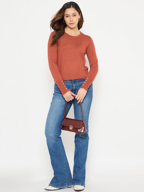 Madame Solid Rust Round Neck Sweater with Cuff Sleeves