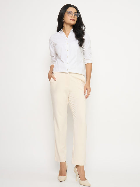 Madame Cotton Blend Slim Fit Beige Trousers