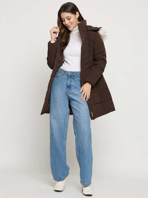 Madame Dark Brown Quilted High Neck Full Sleeve Midi Jacket