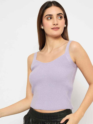 Madame Sleeveless Solid Mauve Ribbed Knit Sweater
