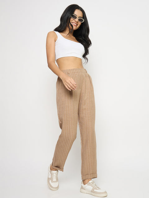 Madame Textured Brown Viscose Tapered Trousers