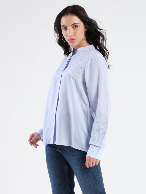 Madame Tencel Blend Embroidery Detail Blue Shirt