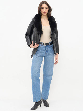 Madame Faux Fur Collar Black PU Leather Jacket