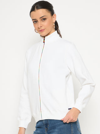 Madame Fleece T Neck Front Zip White Sweatshirt