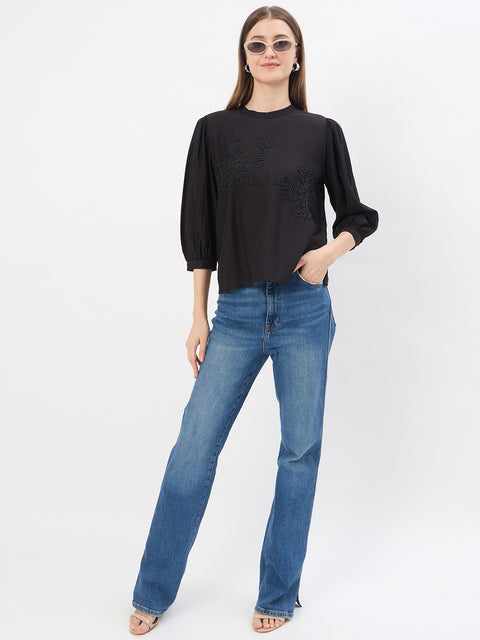 Madame Embroidery Black Rayon Blend Top