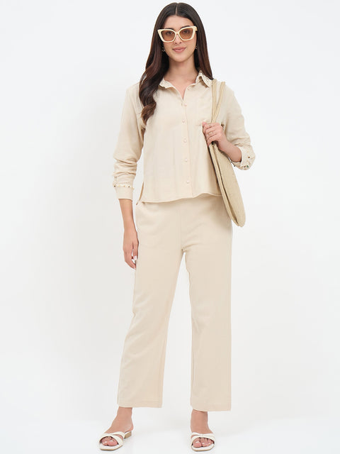 Madame Beige Cotton Straight Fit Trousers