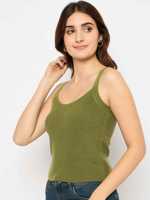 Madame Sleeveless Solid Olive Green Ribbed Knit Sweater