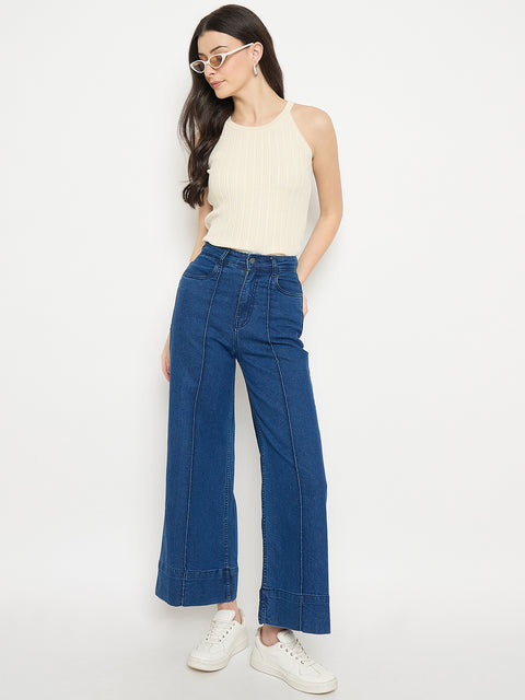 Madame Beige Viscose Blend Halter Neck Knitted Top