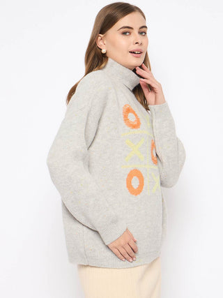 Madame Graphic Printed Turtleneck Grey Sweater