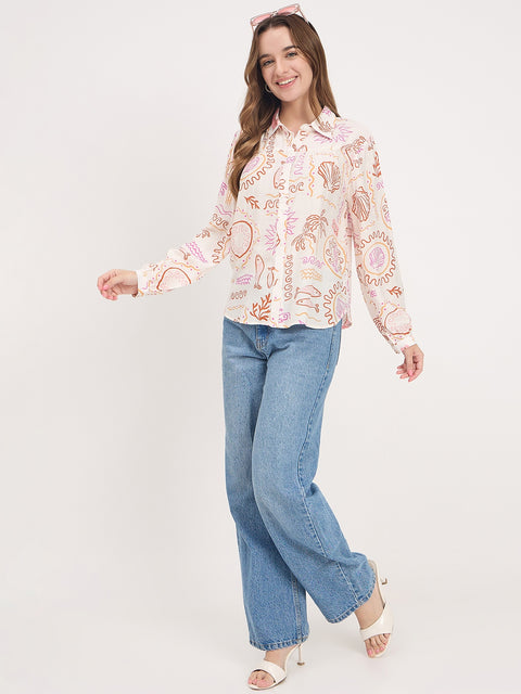 Madame Off White Printed Rayon Full Sleeve Shirt
