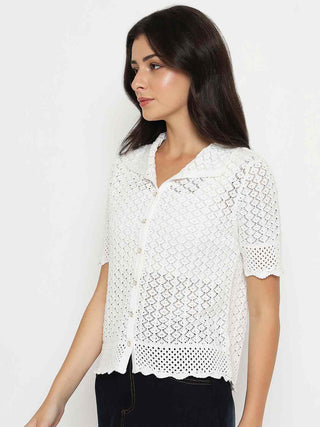 Madame Scalloped Hem White Knitted Polo Top
