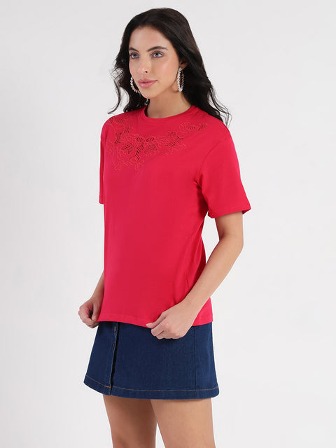 Madame Embroidered Round Neck Red Cotton Lycra T-shirt