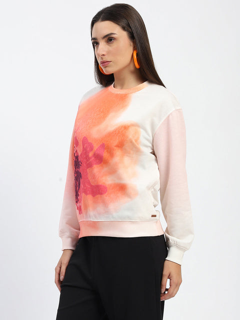 Madame Crew Neck Floral Print Beige Sweatshirt