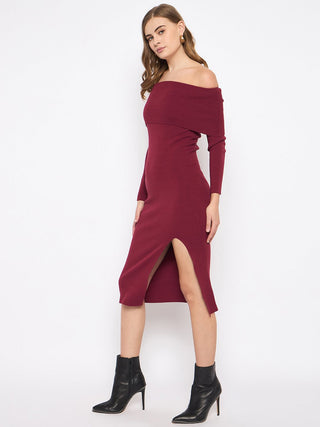 Madame Off Shoulder Wine Red Knit Midi Dress