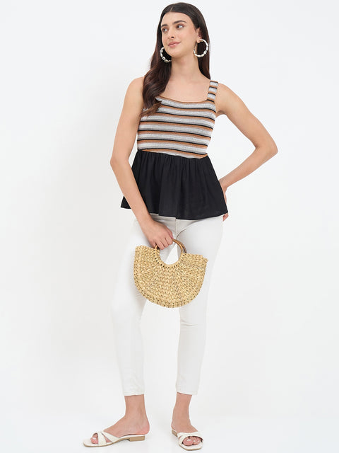 Madame Black Rayon Linen Blend Peplum Top
