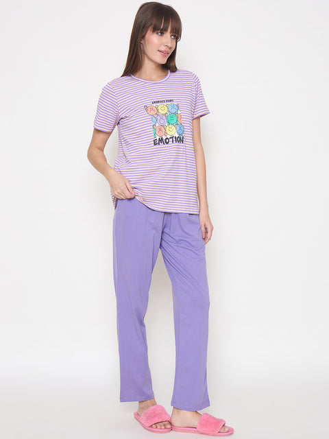 mSECRET Printed Top, Shorts and Bottoms Purple Night Suit
