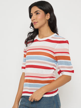 Madame Striped Multi-Color Open Stitch Knitted Top