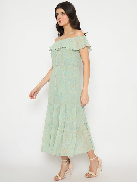 Madame Off Shoulder Solid Green Midi Dress