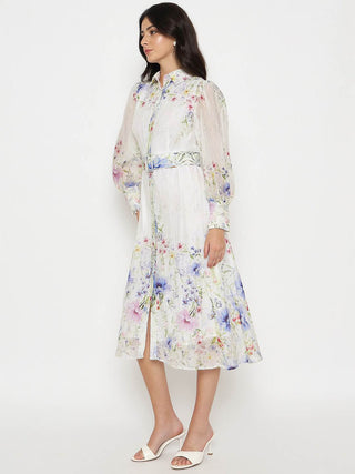 Madame Floral Print Belted White Shirt Dress