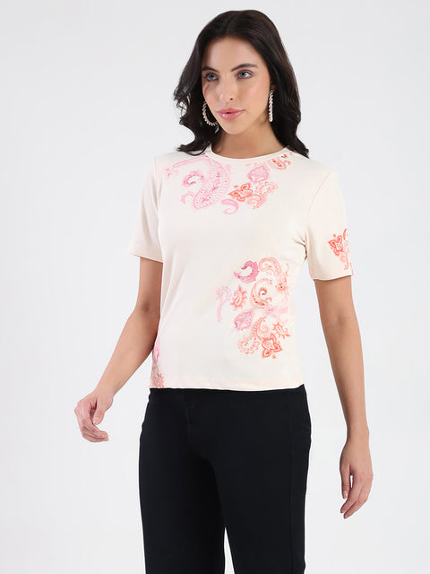 Madame Placement Sublimation Print Peach Smooth Rib T-Shirt