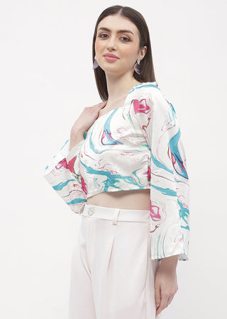 Madame Abstract Print Off-White Bell Sleeve Crop Top