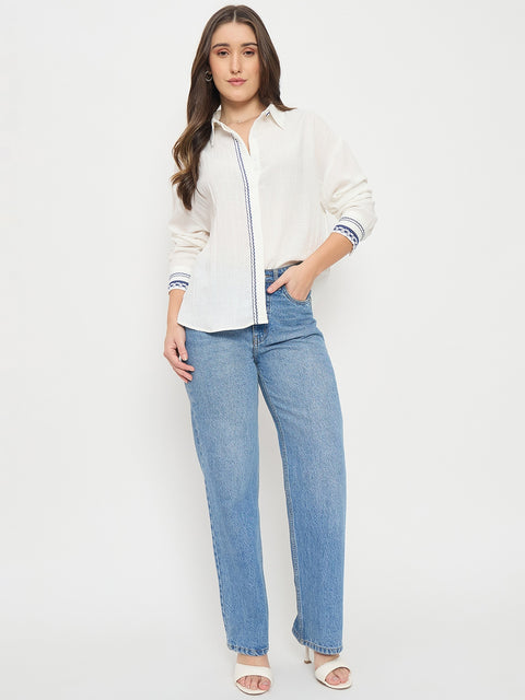 Madame White Textured Rayon Full Sleeve Shirt