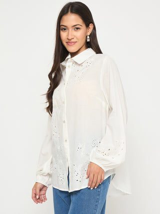 Madame Embroidered and Ruffle Trim Detailed White Cotton Shirt