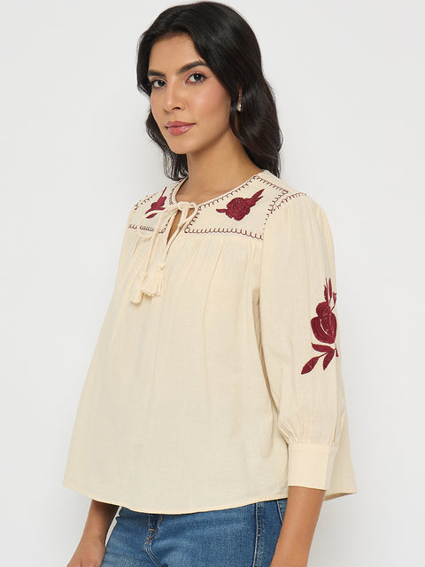 Madame Floral Embroidered Tie Neck Beige Top
