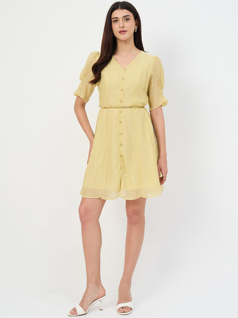 slim fit dress slacks Madame Butter Yellow Fit and Flare Lyocell Dress with Chain Belt