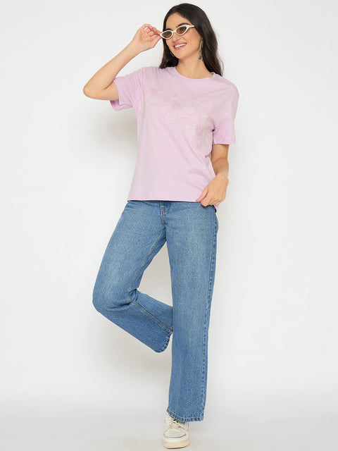 Madame Embellished Lilac Cotton T-shirt