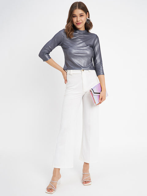 Madame Shimmering Asymmetrical Seam Detail Navy Blue Top