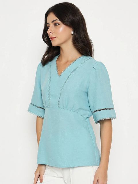 Madame V Neck Sea Green Peplum Top