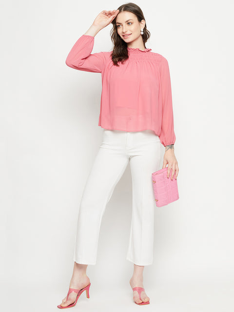 Madame Smocked Frill Neck Hot Pink Top
