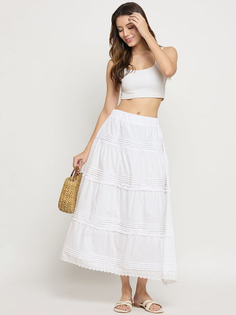 Madame White Cotton Lace Detail Flared Cropped Skirt