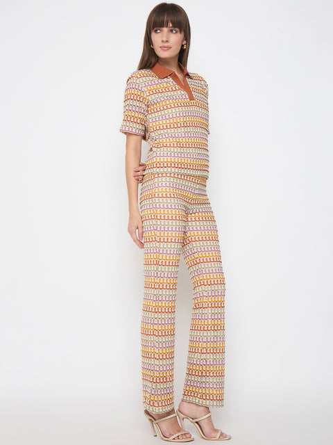 Madame Geometric Pattern Polo Top and Flared Pants Brown Co-ord Set