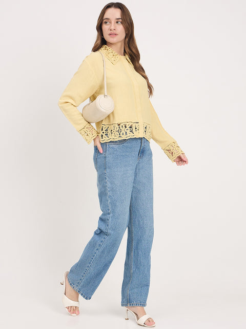 Madame Yellow Lace Detail Rayon Linen Full Sleeve Shirt