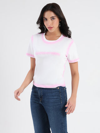 Madame Spray Painted Embellished Pink Cotton Crop T-shirt