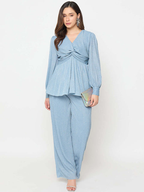 Madame Surplice Neck Blue Co-ord Set featuring a flattering surplice neckline for a stylish and comfortable look.