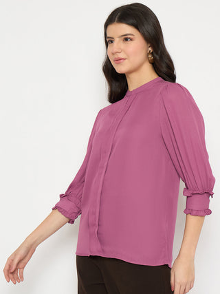 Madame Keyhole Neck Puff Sleeve Fuschia Top