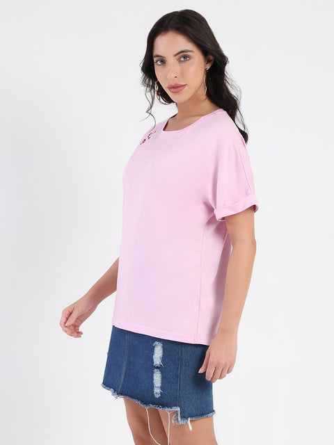 Madame Embroidery Cutwork Detail Solid Lilac Cotton T-shirt