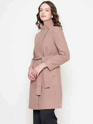 Madame Front Pocketed Textured Blush Long Wrap Coat