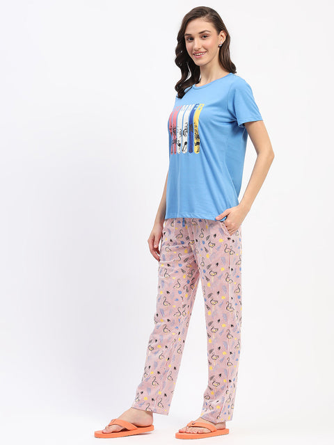mSECRET Blue Cotton T-Shirt and Printed Pajama Nightsuit