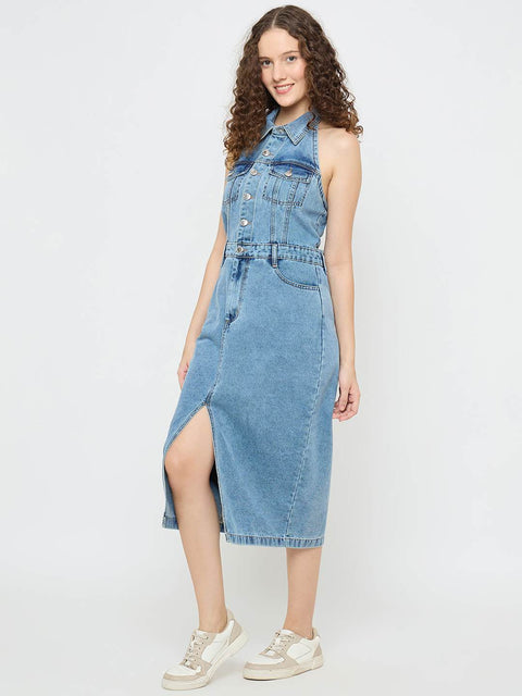 Madame Halter Neck Bodycon Cotton Denim Dress