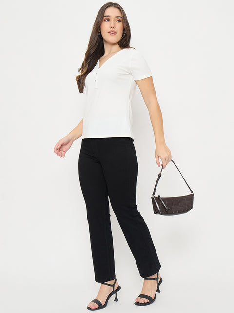 Madame White V-Neck T-Shirt with Button Placket
