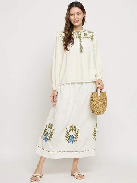 Madame Off White Viscose Blend Embroidered Skirt