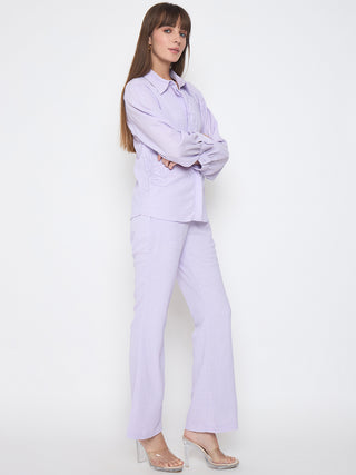 Madame Embroidered Shirt with Crop Tank and Wide-Leg Pants Three Piece Lilac Co-ord Set