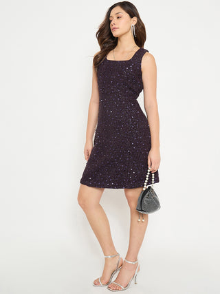 Madame Square Neck Shimmery Purple Sheath Dress