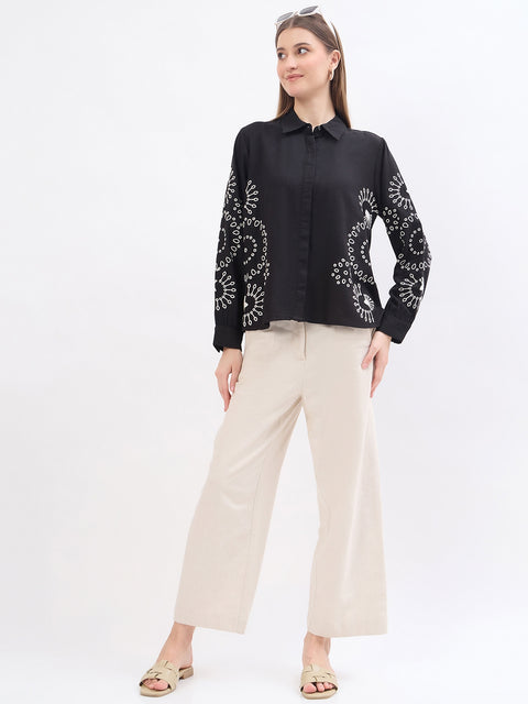 Madame Black Embroidered Viscose Blend Shirt